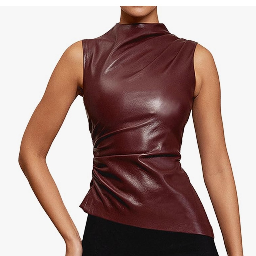 Burgundy faux leather high neck top